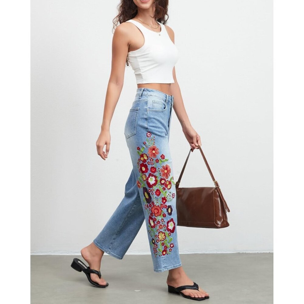 Women’s Cropped Denim Jeans Floral Print Mid Rise Straight Leg Casual - Picture 6 of 7